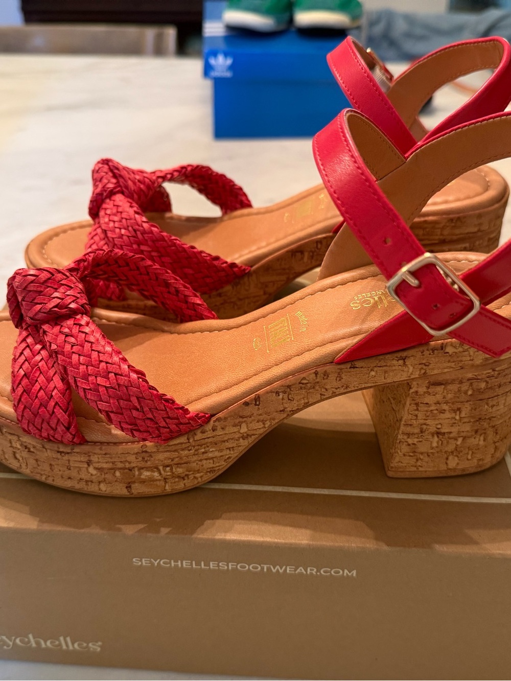 Seychelles:  Women’s Red Braided Cork Block Heel Sandals. From Anthropology